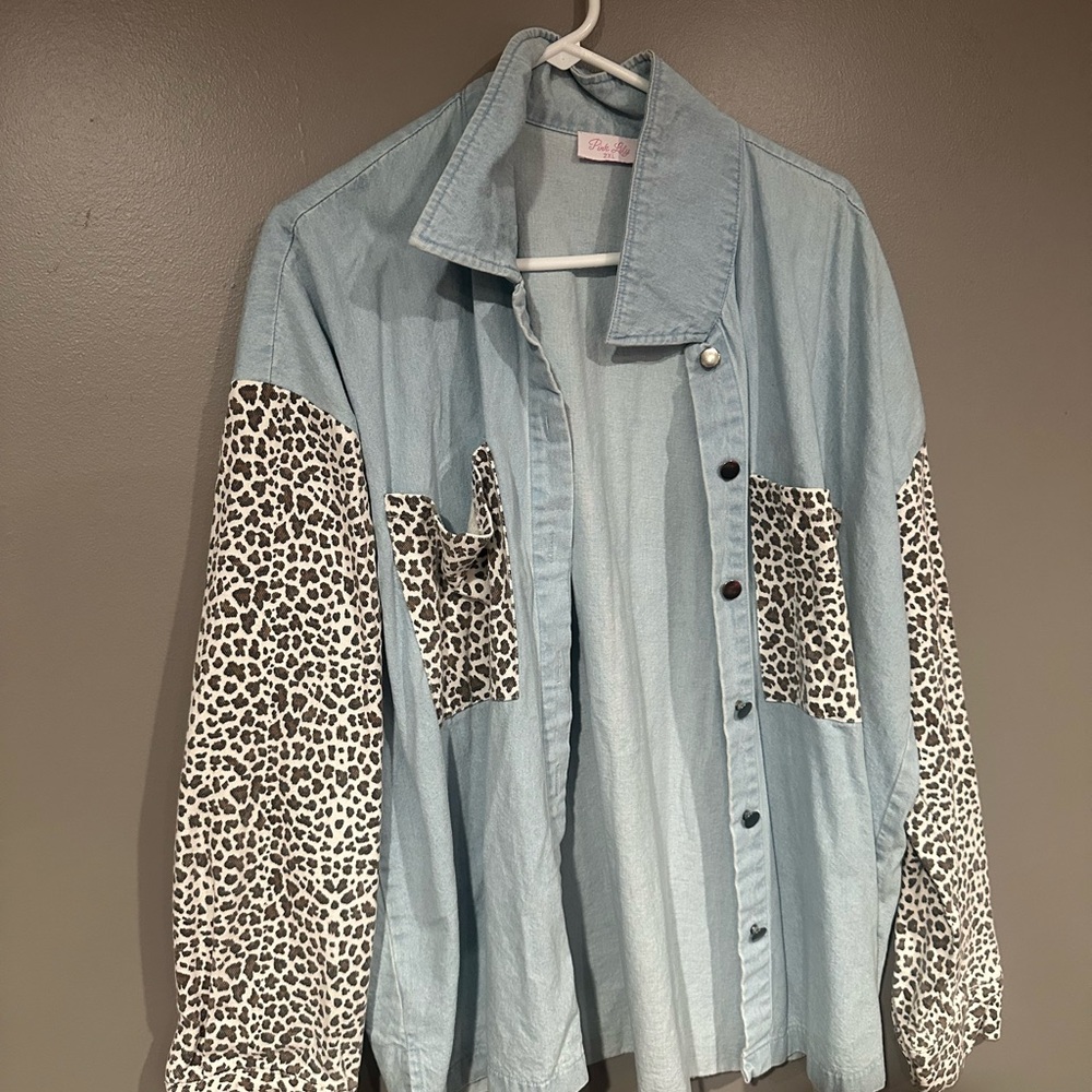 Pink Lily Blue and Black Jean Jacket with Animal Print Sleeves